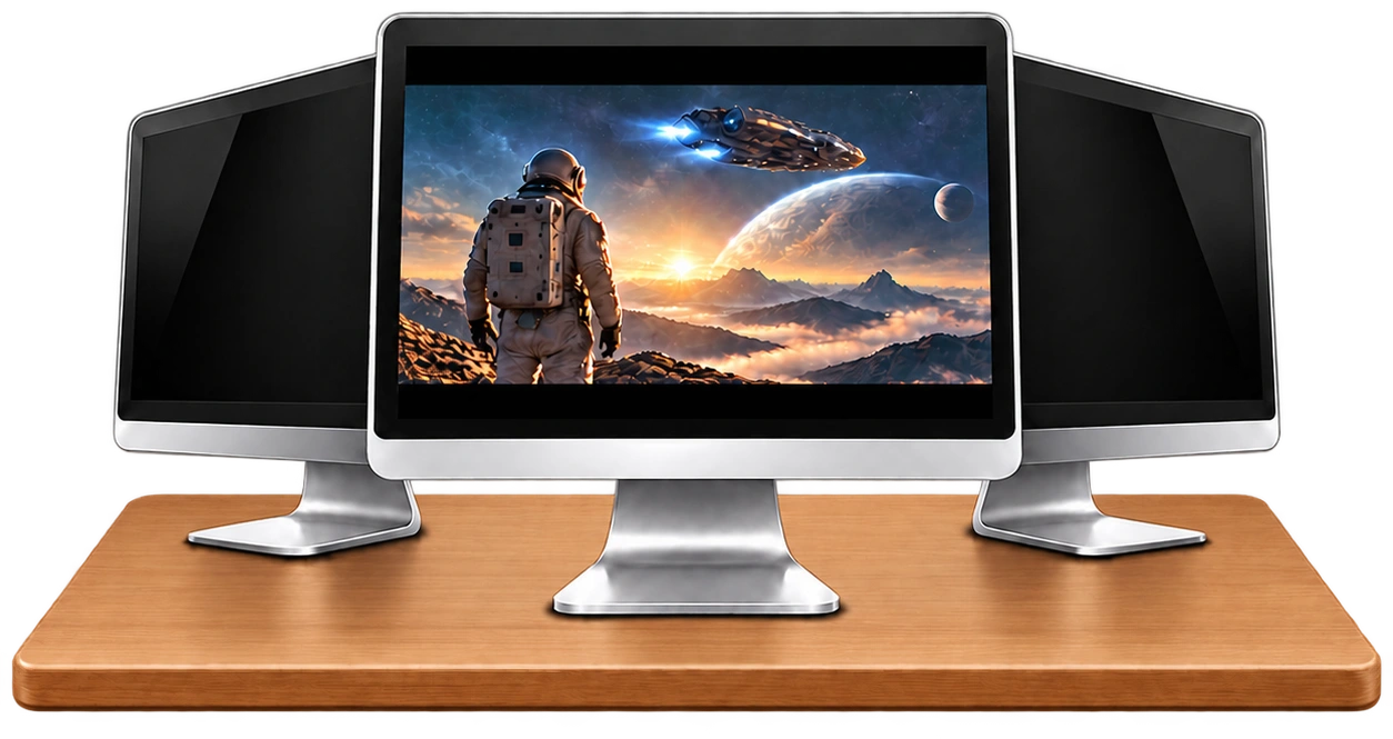 Tre monitor su una scrivania: lo schermo centrale è illuminato, i laterali sono neri