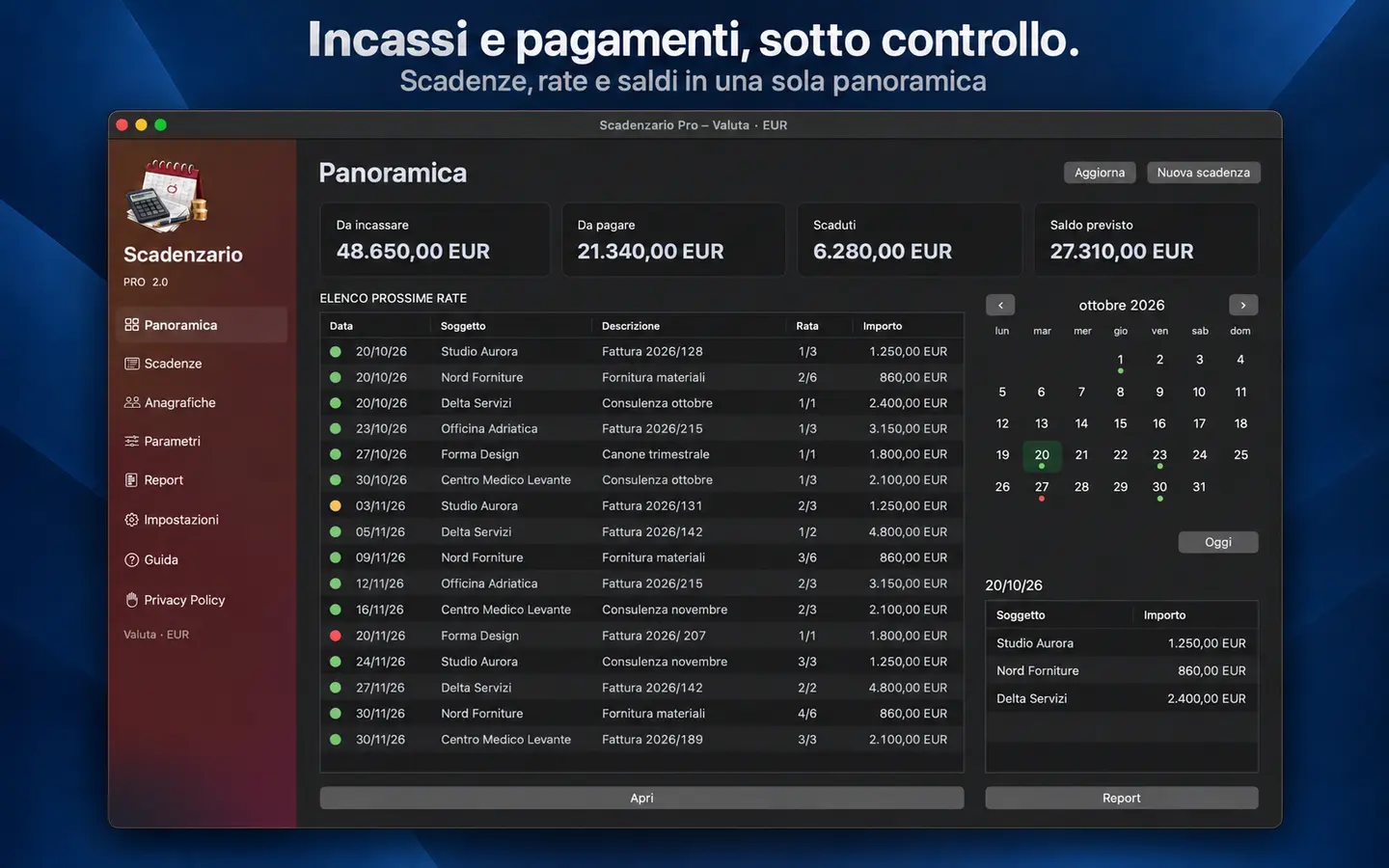 Scadenzario Pro — panoramica con dati dimostrativi
